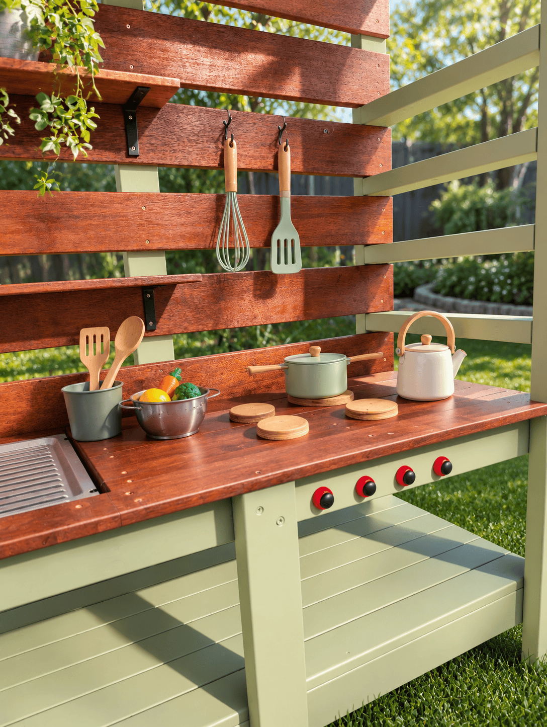 Close-up of the Discovery Outdoor Mud Kitchen featuring a spacious Merbau hardwood preparation bench, shelving and play cooktop for imaginative outdoor play.