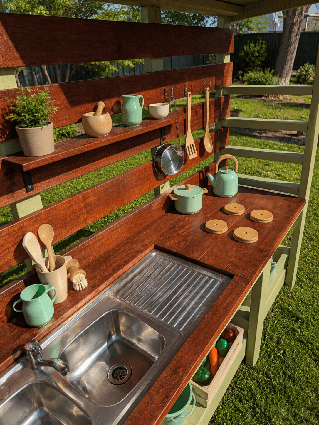 Close-up of the Discovery Outdoor Mud Kitchen featuring a Merbau hardwood benchtop, stainless steel sink and open shelving for imaginative outdoor play.