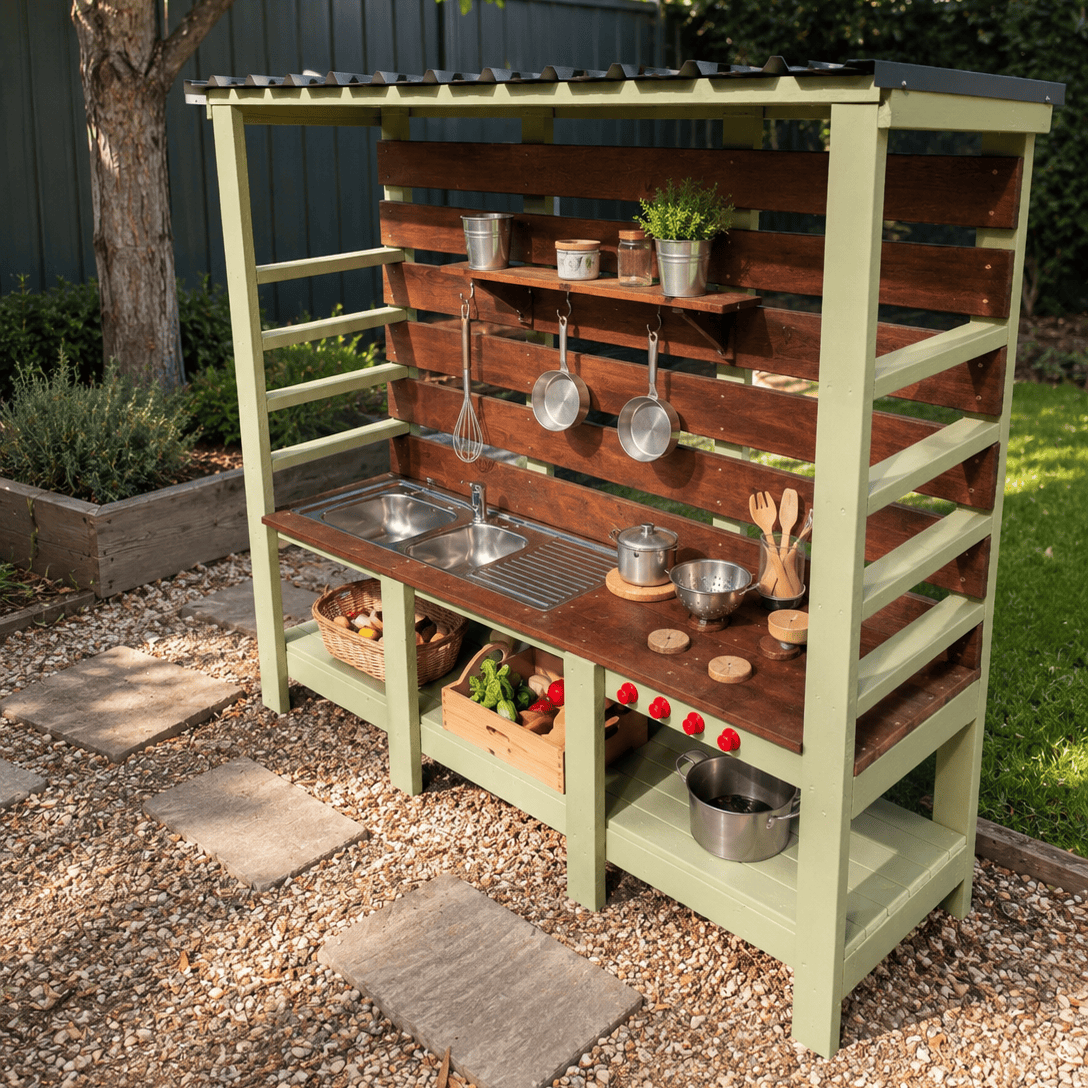 Discovery Outdoor Mud Kitchen for childcare centres, preschools and family backyards, handcrafted in Australia using Merbau hardwood and H3 pine.